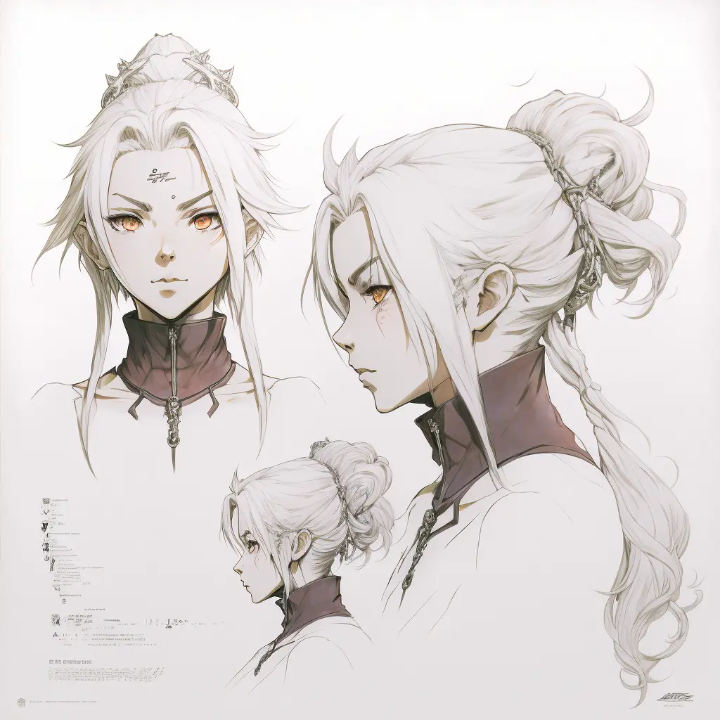 white hair female close up character design, multiple concept designs, concept design sheet, white background, style of Yoshitaka Amano